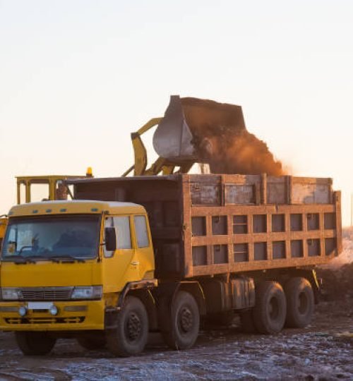 Bulldozer removes a wild dump near the city. Ecology